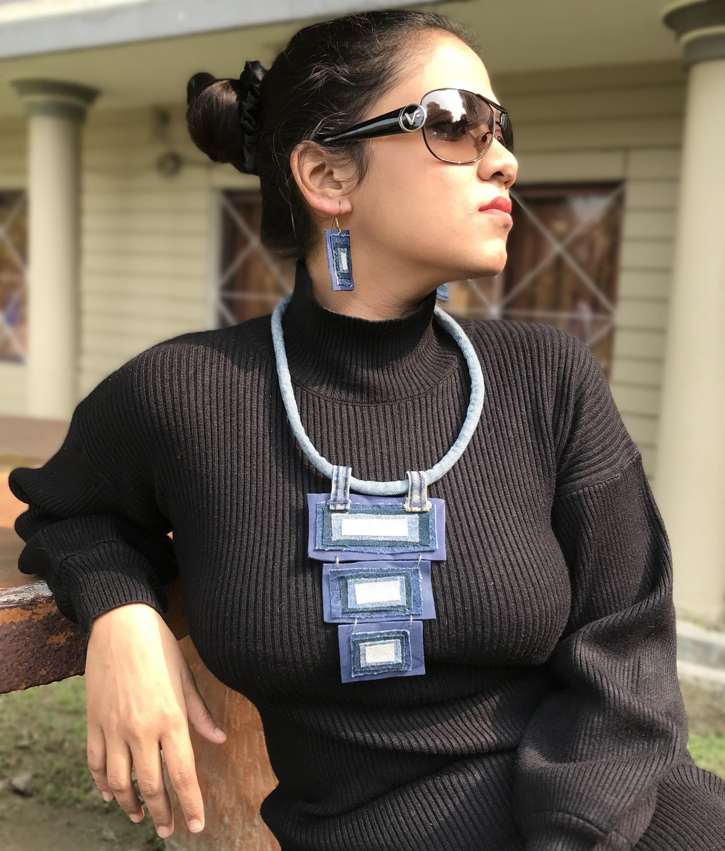 Andrea Denim Necklace & Earrings set