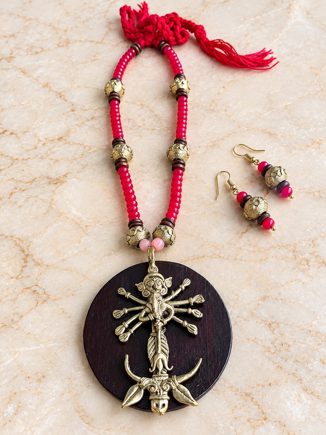 Ambika Durga Dokra Necklace & Earrings Set
