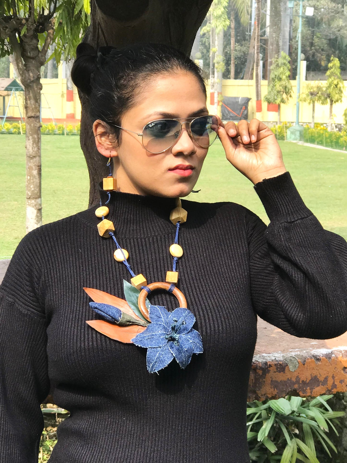 Mary Denim Necklace & Earrings set
